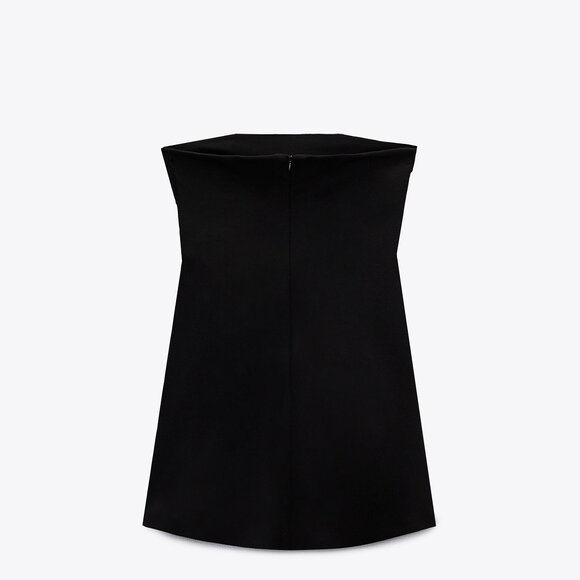 Zara Mini Black Dress Strapless Straight Neckline Ruched Short Lined Blog - Picture 4 of 4